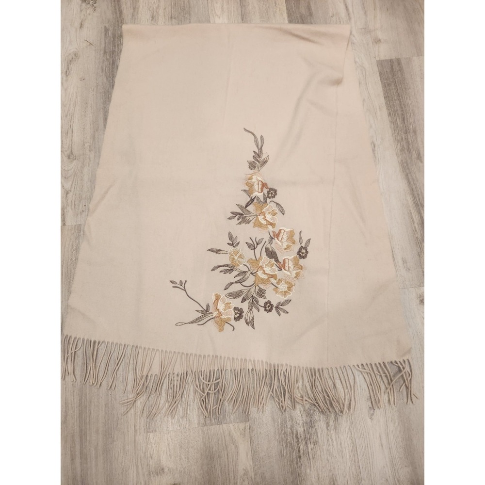 100% Wool Floral Embroidered Long Rectangle Scarf Cream Tan Oatmeal Approx 78x23 - Picture 9 of 9